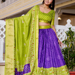 Women's Heavy Lichi Jacquard Lehenga Choli with Jari Print & Dupatta