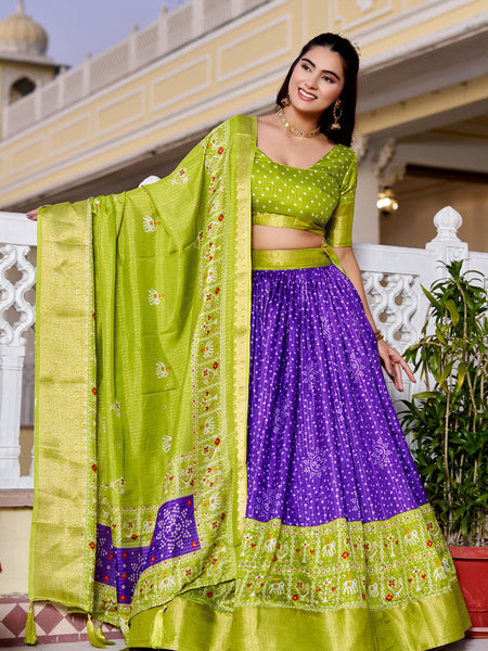 Women's Heavy Lichi Jacquard Lehenga Choli with Jari Print & Dupatta