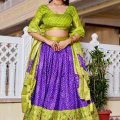 Women's Heavy Lichi Jacquard Lehenga Choli with Jari Print & Dupatta