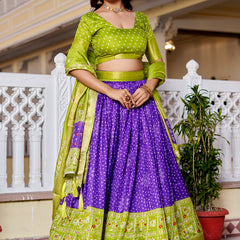 Women's Heavy Lichi Jacquard Lehenga Choli with Jari Print & Dupatta