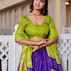 Women's Heavy Lichi Jacquard Lehenga Choli with Jari Print & Dupatta