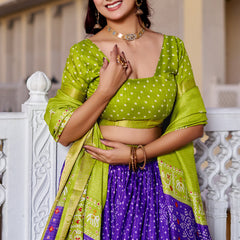Women's Heavy Lichi Jacquard Lehenga Choli with Jari Print & Dupatta