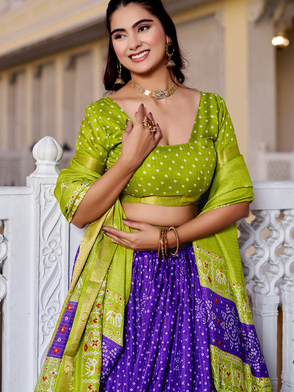 Women's Heavy Lichi Jacquard Lehenga Choli with Jari Print & Dupatta