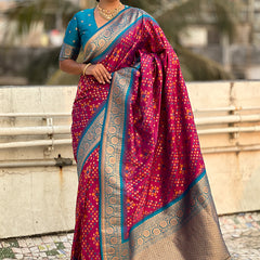 Premium Patola Silk Saree with Meenakari Ikkat Weaves & Blouse Piece