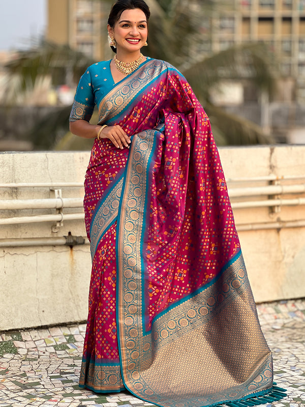 Premium Patola Silk Saree with Meenakari Ikkat Weaves & Blouse Piece