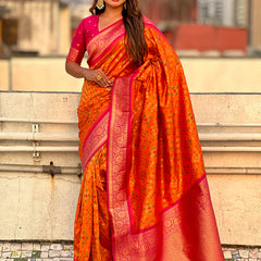 Premium Patola Silk Saree with Meenakari Ikkat Weaves & Blouse Piece