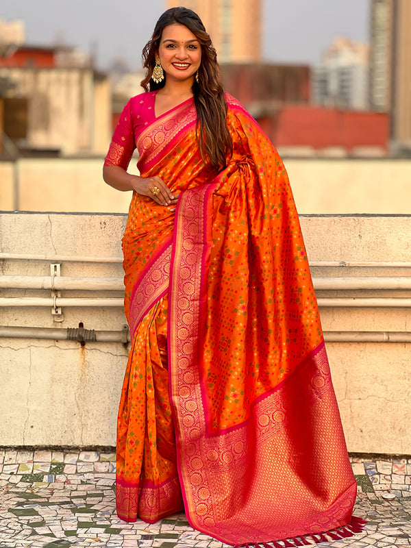 Premium Patola Silk Saree with Meenakari Ikkat Weaves & Blouse Piece