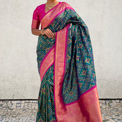 Premium Patola Silk Saree with Meenakari Ikkat Weaves & Blouse Piece