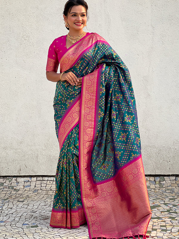 Premium Patola Silk Saree with Meenakari Ikkat Weaves & Blouse Piece