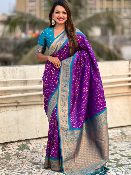 Premium Patola Silk Saree with Meenakari Ikkat Weaves & Blouse Piece