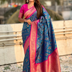 Premium Patola Silk Saree with Meenakari Ikkat Weaves & Blouse Piece