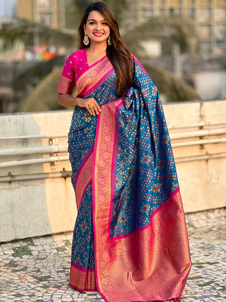 Premium Patola Silk Saree with Meenakari Ikkat Weaves & Blouse Piece