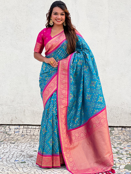 Premium Patola Silk Saree with Meenakari Ikkat Weaves & Blouse Piece