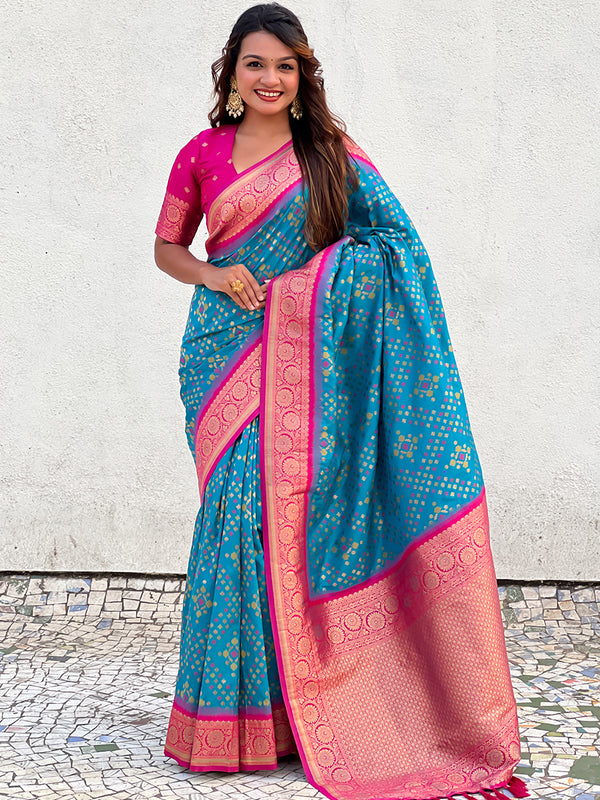 Premium Patola Silk Saree with Meenakari Ikkat Weaves & Blouse Piece