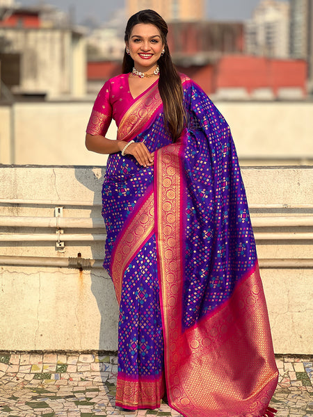 Premium Patola Silk Saree with Meenakari Ikkat Weaves & Blouse Piece
