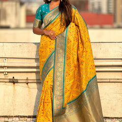 Premium Patola Silk Saree with Meenakari Ikkat Weaves & Blouse Piece