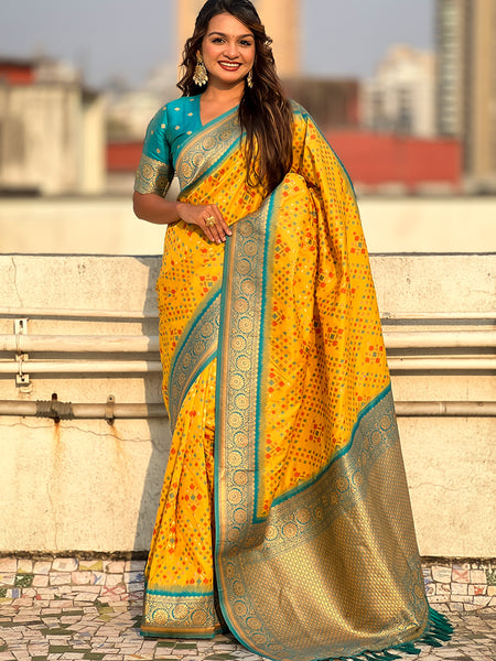 Premium Patola Silk Saree with Meenakari Ikkat Weaves & Blouse Piece