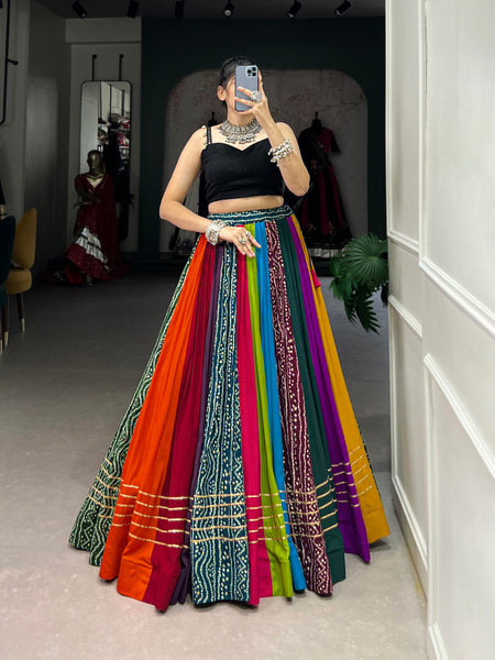 Women's Pure Rayon Printed Lehenga Choli with Gota Patti & Mirror Work