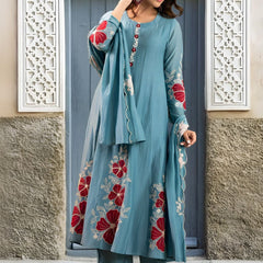 Premium Silk Blend Embroidered Suit Set With Chanderi Dupatta