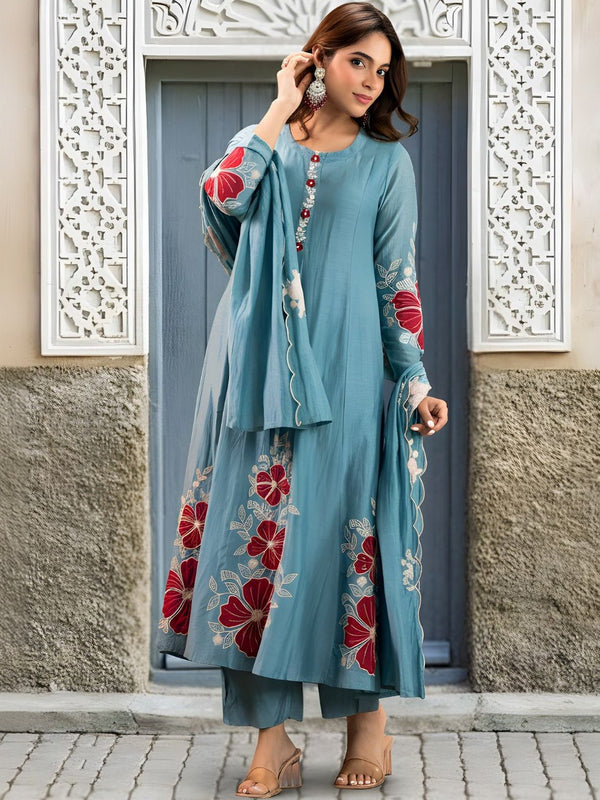 Premium Silk Blend Embroidered Suit Set With Chanderi Dupatta