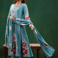 Premium Silk Blend Embroidered Suit Set With Chanderi Dupatta
