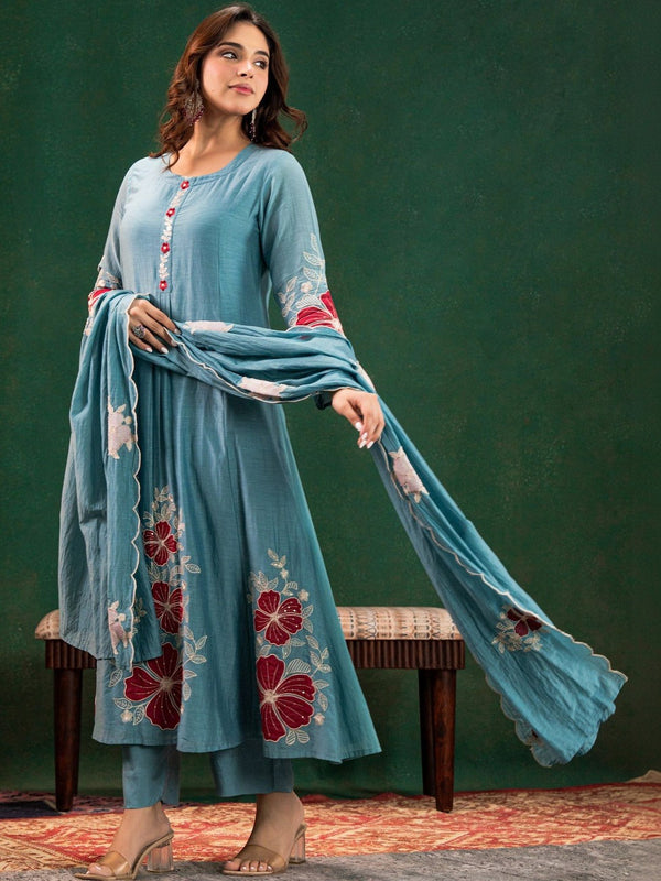 Premium Silk Blend Embroidered Suit Set With Chanderi Dupatta