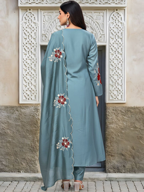 Premium Silk Blend Embroidered Suit Set With Chanderi Dupatta