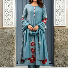 Premium Silk Blend Embroidered Suit Set With Chanderi Dupatta