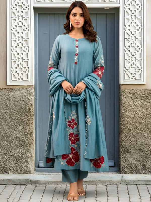 Premium Silk Blend Embroidered Suit Set With Chanderi Dupatta