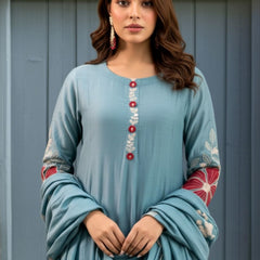 Premium Silk Blend Embroidered Suit Set With Chanderi Dupatta