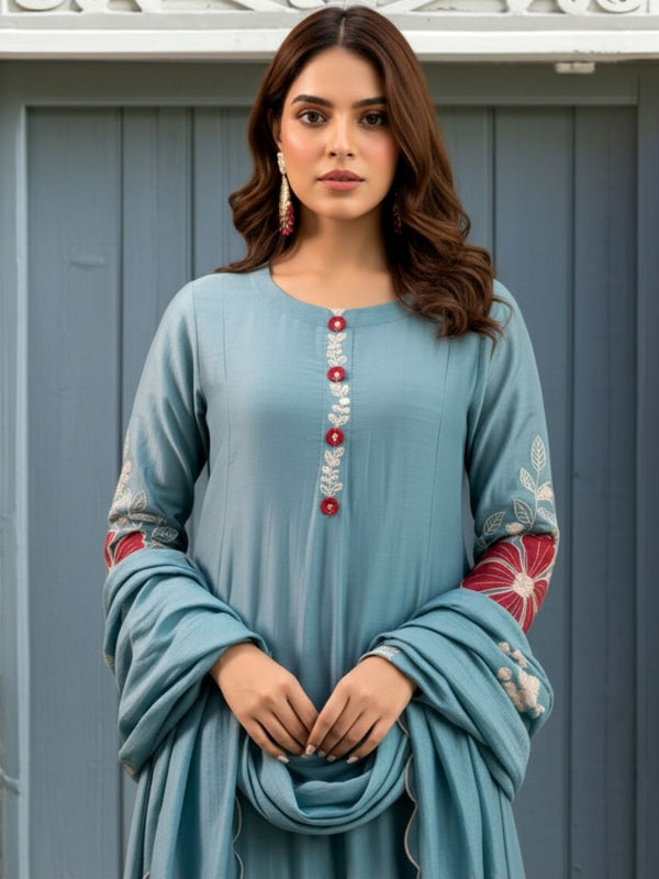 Premium Silk Blend Embroidered Suit Set With Chanderi Dupatta
