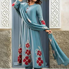 Premium Silk Blend Embroidered Suit Set With Chanderi Dupatta