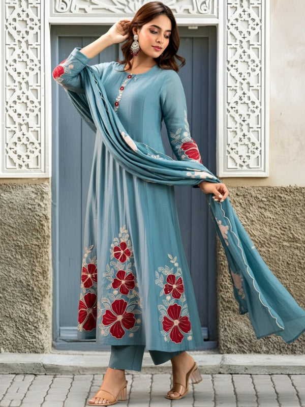 Premium Silk Blend Embroidered Suit Set With Chanderi Dupatta