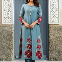 Premium Silk Blend Embroidered Suit Set With Chanderi Dupatta