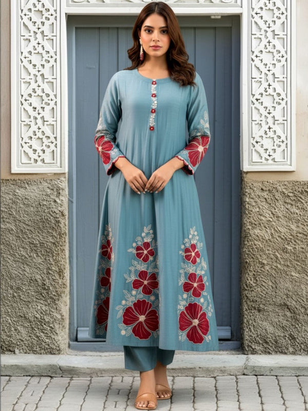 Premium Silk Blend Embroidered Suit Set With Chanderi Dupatta
