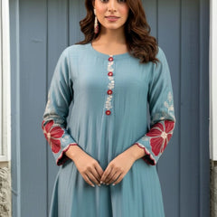 Premium Silk Blend Embroidered Suit Set With Chanderi Dupatta