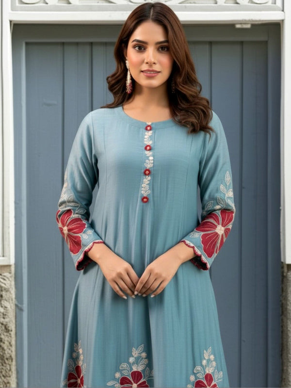 Premium Silk Blend Embroidered Suit Set With Chanderi Dupatta