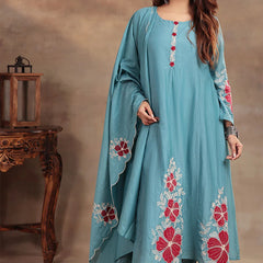 Premium Silk Blend Embroidered Suit Set With Chanderi Dupatta