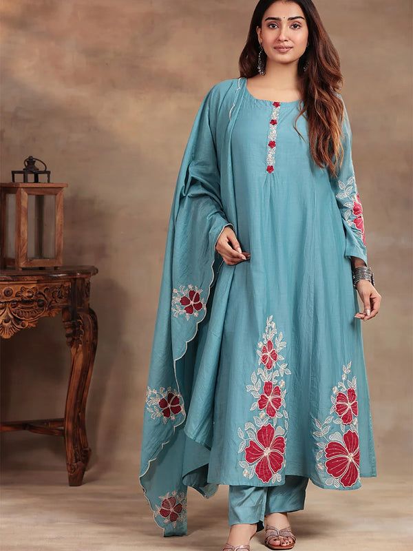 Premium Silk Blend Embroidered Suit Set With Chanderi Dupatta