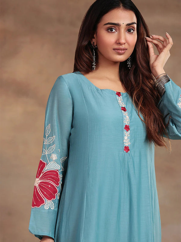Premium Silk Blend Embroidered Suit Set With Chanderi Dupatta