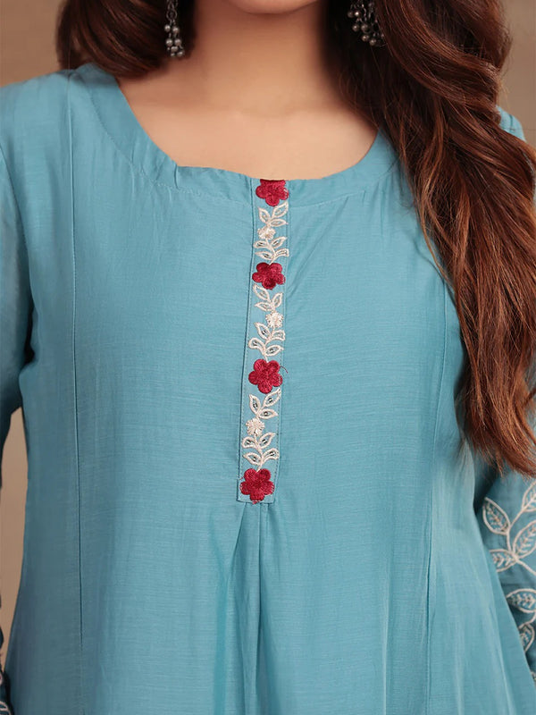 Premium Silk Blend Embroidered Suit Set With Chanderi Dupatta