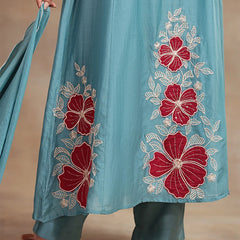 Premium Silk Blend Embroidered Suit Set With Chanderi Dupatta