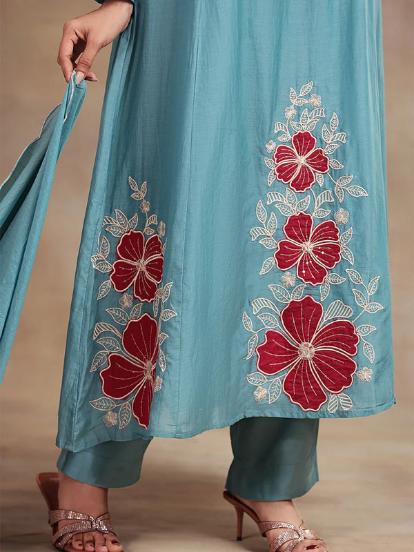 Premium Silk Blend Embroidered Suit Set With Chanderi Dupatta
