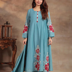 Premium Silk Blend Embroidered Suit Set With Chanderi Dupatta