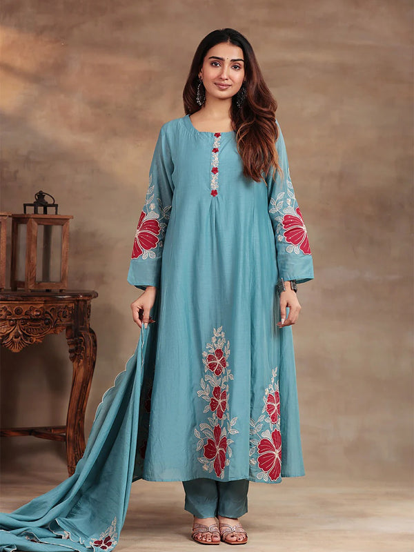 Premium Silk Blend Embroidered Suit Set With Chanderi Dupatta