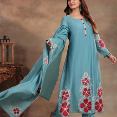 Premium Silk Blend Embroidered Suit Set With Chanderi Dupatta