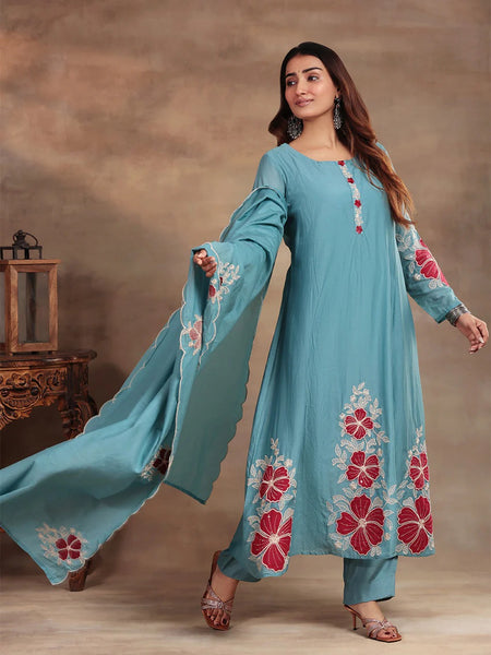Premium Silk Blend Embroidered Suit Set With Chanderi Dupatta