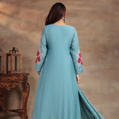 Premium Silk Blend Embroidered Suit Set With Chanderi Dupatta