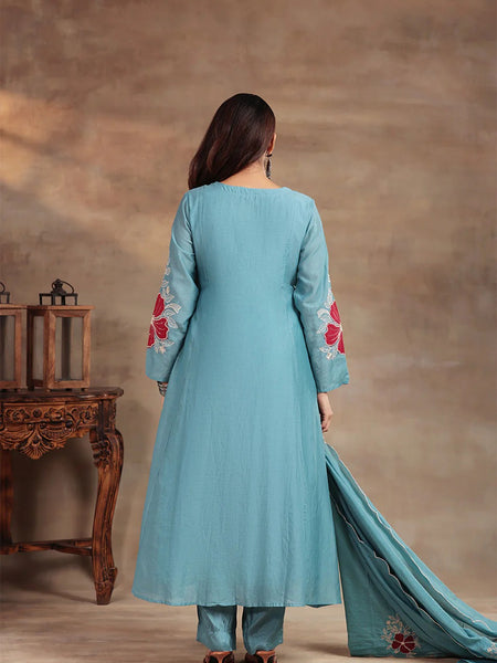 Premium Silk Blend Embroidered Suit Set With Chanderi Dupatta