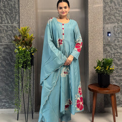 Premium Silk Blend Embroidered Suit Set With Chanderi Dupatta
